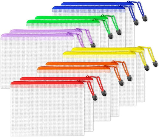 SUNEE Plastic Mesh Zipper Pouch 6.8x9.2 in (6 Colors, 12 Packs), Small Water-Resistant Zip Bag for School Office Supplies, Pencil Organizing Storage