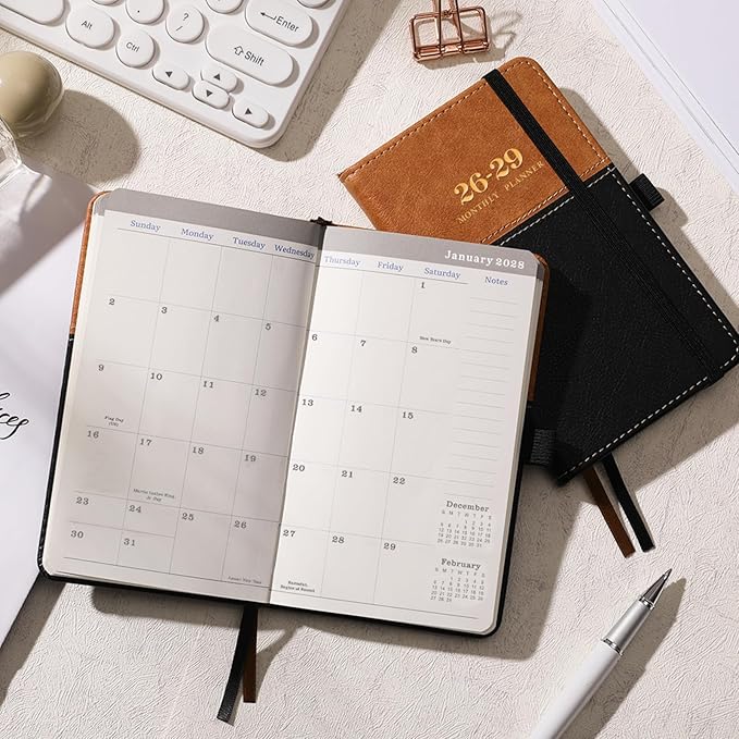 2026-2029 Pocket Calendar/Planner - 3 Year Monthly Pocket Calendar 2026-2029, from July 2026 to June 2029, 6.4" x 3.8", with Elastic Closure, Water Proof Leather