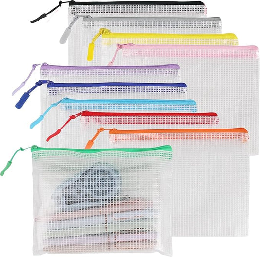 Multibey 10 Pack 10 Colors Mesh Zipper Pouch Bags, 7.5 x 5.9 Inch B6 Size Clear Mesh Storage Pouches Small Mesh Bags with Zipper for School Office Home Travel Storage
