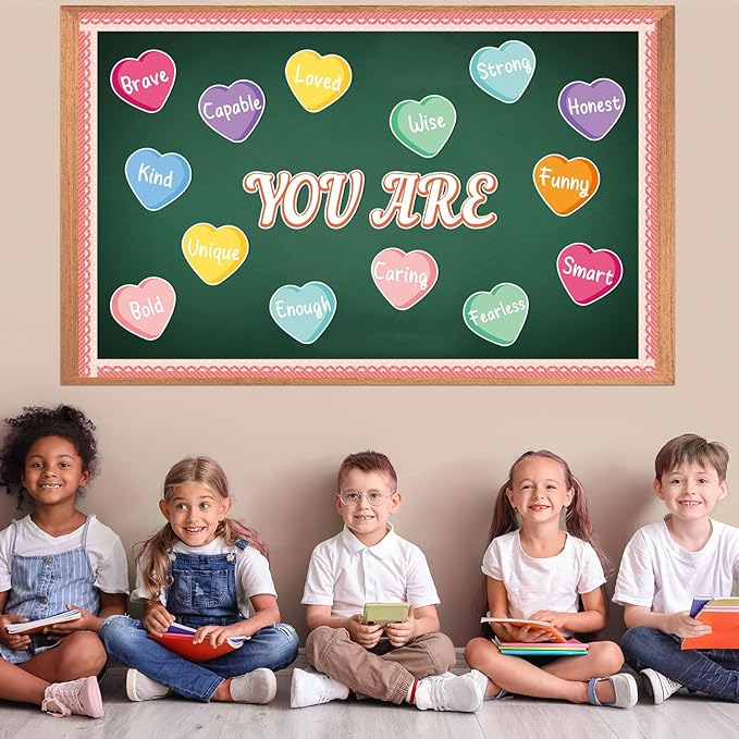 Valentine's Day Bulletin Board Decoration Conversation Hearts Cutouts Candy Heart Bulletin Board Set Valentine's Day Bulletin Board Kit for Classroom Decor School Nursery Chalkboard Office Wall Decor