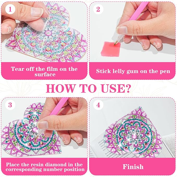 6 PCS Heart Diamond Painting Bookmarks, DIY Diamond Art Kits for Adults, Book Corner Protecting Bookmark Craft Set, Gift for Book Lovers (Heart Pattern)