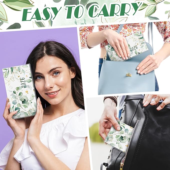 Gueevin 2026 Pocket Calendar for Purse with Pen Small Pocket Planner Handy Weekly Monthly Planner Journal Writing Notebook Valentine New Year Gift Sister Friend Women(Eucalyptus,Dark Green)