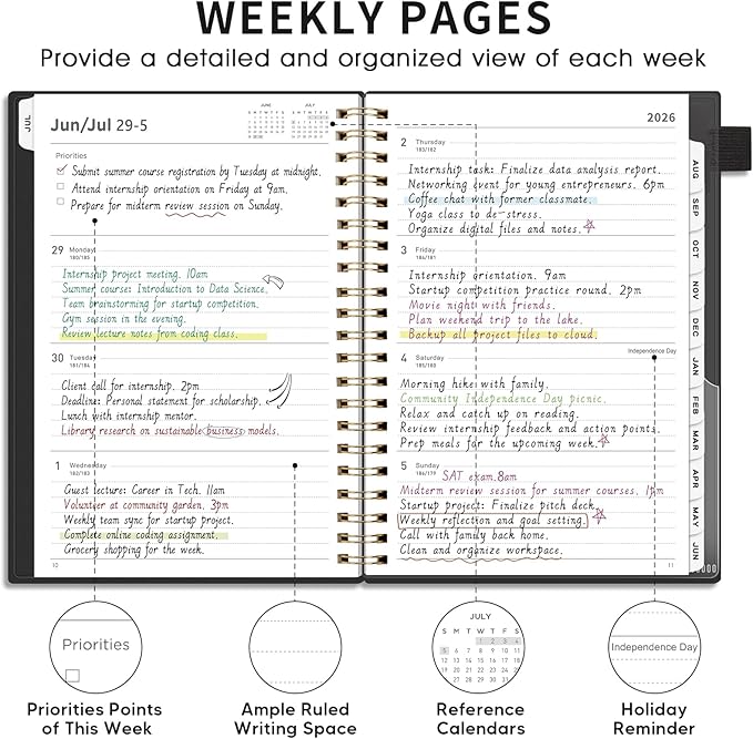 AHGXG Academic Planner 2026-2027, July 2026 - June 2027, Weekly and Monthly, 8.5" x 11", Calendar, Agenda for Women, Teacher, Student, School, 12-Month Tabs (Black)
