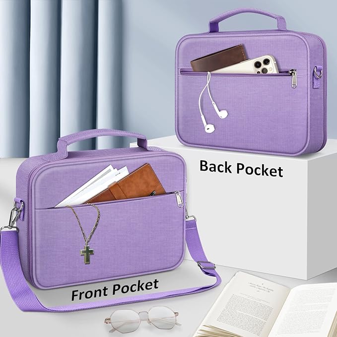 FINPAC Large Bible Cover w/Shoulder Strap, Carrying Book Case Church Bag Bible Protective w/Pen Slots and Zippered Pocket, Gift for Women Lady, Lilac