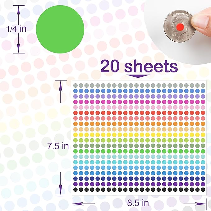 10000 PCS Small Dot Stickers 1/4" Round Color Coding Labels Circle Dot Stickers Label Sticker in 20 Colors for Office,Classroom