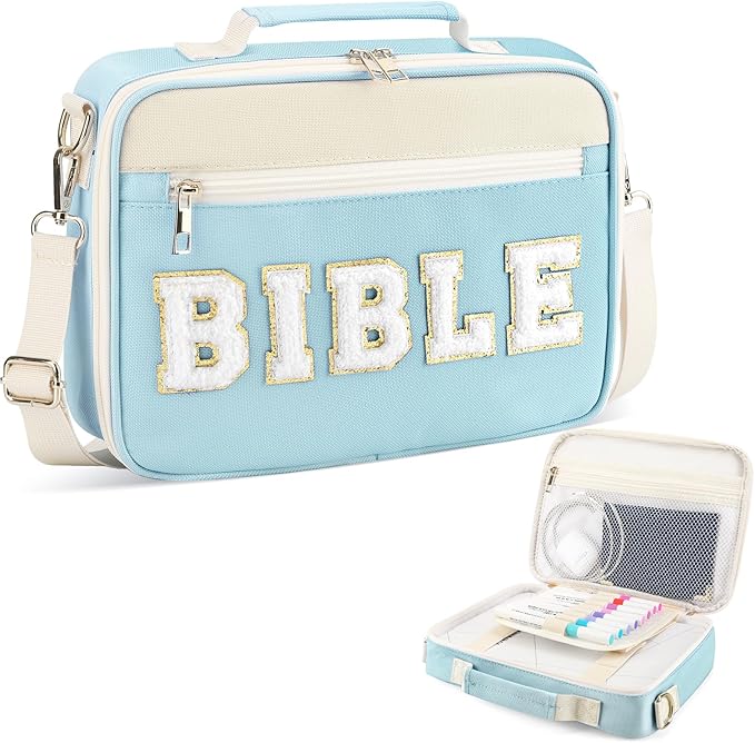 Bible Cover Case for Women Grils, Preppy Bible Bag with Adjustable Shoulder Strap, Waterproof Bible Carrying Tote Bags Holder for Bible Study Supplies Accessories & Christian Gifts (Blue)