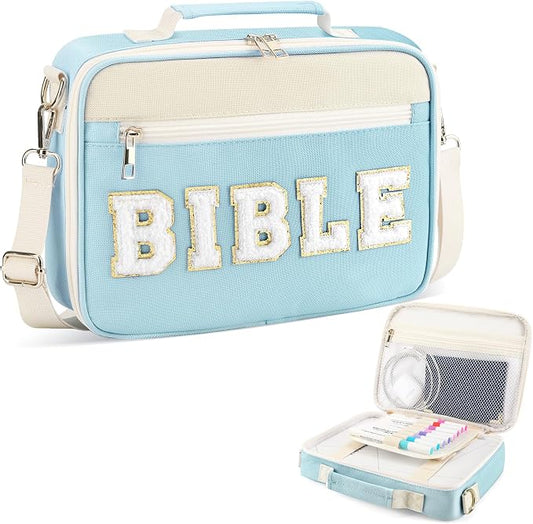 Bible Cover Case for Women Grils, Preppy Bible Bag with Adjustable Shoulder Strap, Waterproof Bible Carrying Tote Bags Holder for Bible Study Supplies Accessories & Christian Gifts (Blue)