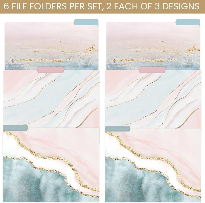 bloom daily planners Decorative File Folders - Set of Six Letter Size (8.5” x 11”) Organizers, 1/3 Cut Tabs - Assorted Designs - Ethereal Marble