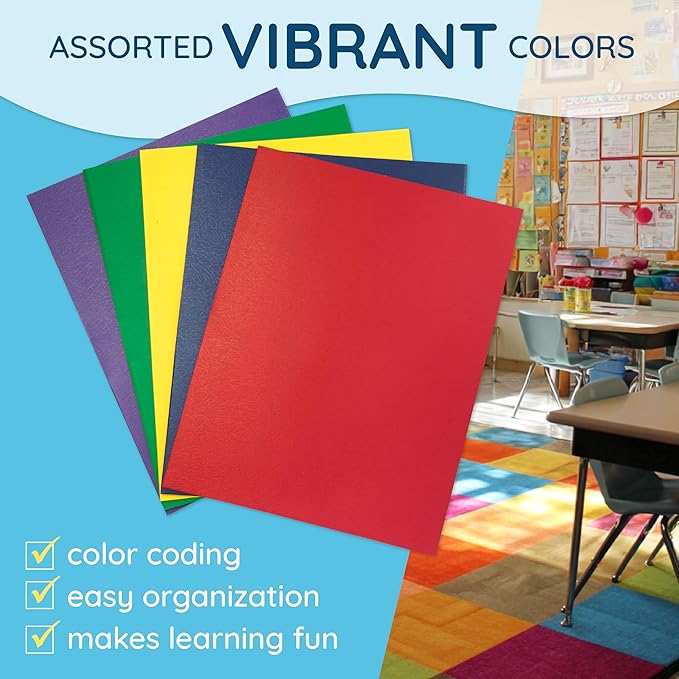 Blue Summit Supplies 50 Two Pocket Folders with Prongs Bulk, 3 Prong Folders with Pockets Bulk, Paper 2 Pocket, Designed for Office and Classroom Use, Assorted 5 Colors