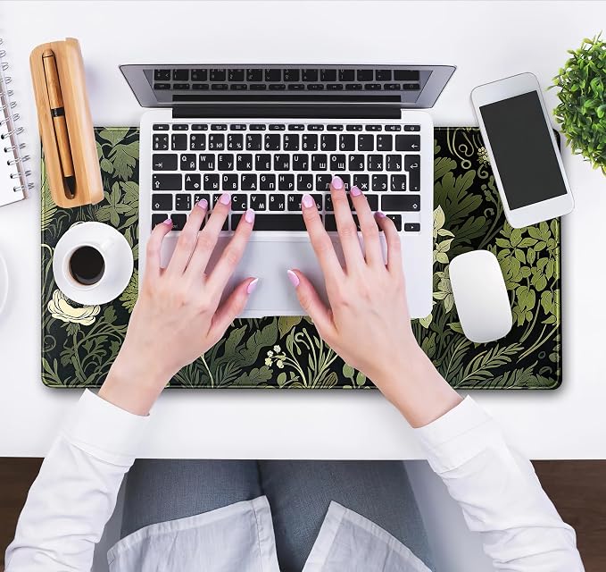 Green Leaves Beige Plants Pad, Large Extend Mouse Pad XXL, Freshness Foliage Keyboard Mat, Black Esthetics Desktop Mat Laptop Wireless Mouse Mat, Gift for Women 31.5"x15.75"