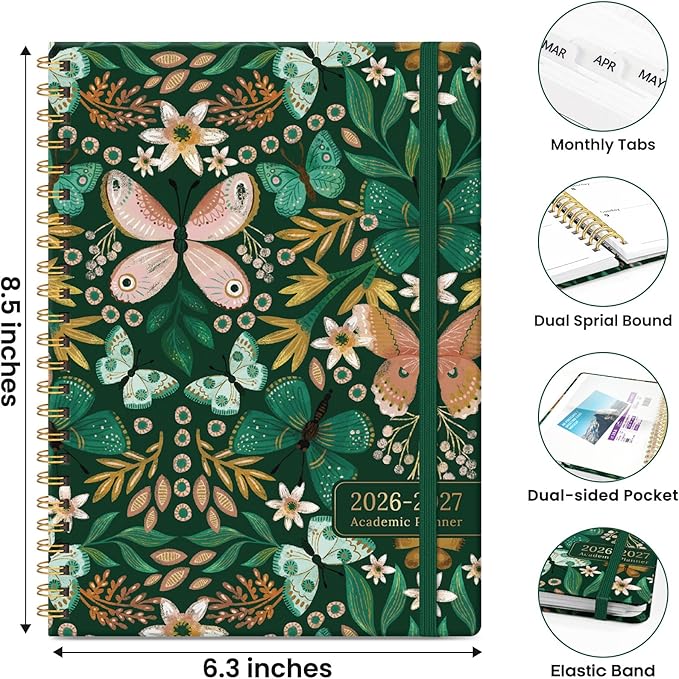 Planner 2026-2027, Monthly and Weekly Academic Planner July 2026 - June 2027, Hardcover Student Teacher Planning Agenda Calendar Book with Tabs, Perfect for Office School Supplies, A5 (6.3" x 8.5") - Butterfly