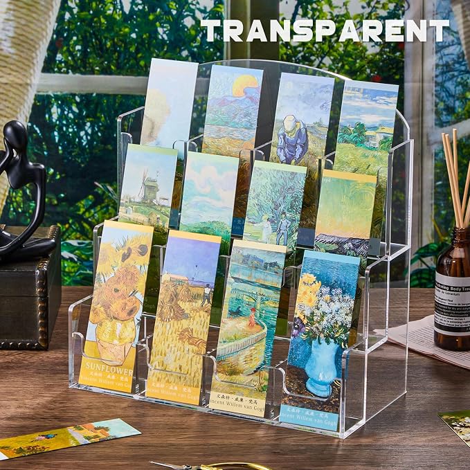 Yuntau Acrylic Bookmark Display, Adjustable 2. 2'' Bookmark Stand, Portable Sticker Holder, Curved Pockets Greeting Card Display for Business Vendor, Retail Store Shop (Integrated,12 Pockets)