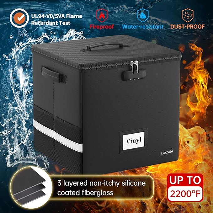 DocSafe Fireproof Vinyl Record Storage Box with Lock,Large Record Organizer Storage for 150+ Single Records,Collapsible Storage Crate with Lid&Handles for Valuable Album Collection,16.1''x13''x13''