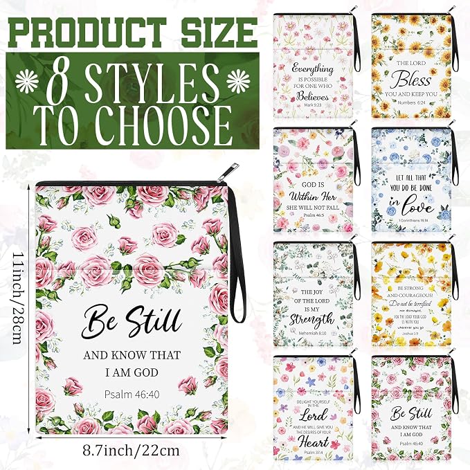 MotiMind 8 Pcs Bible Book Covers with Zipper for Christian Gifts 11 x 8.7 Inch Book Covers Gifts Bulk for Women Bookworm Christian Religious Church Bible Study