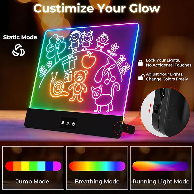 Bawaslom Rechargeable Doodle Glow LED Drawing Board for Kids,11.8"×10.3" Magic Neon Light Up Drawing Tablet,8 Colors & 4 Modes,Built-in Stand Note Board,Creative Toys Gifts for Girls & Boys,Black