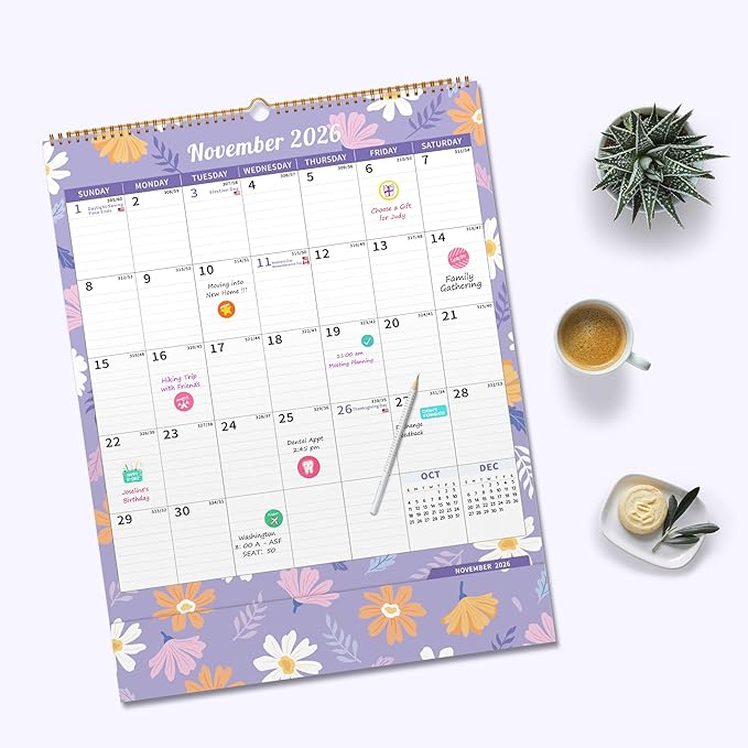 Ospelelf Wall Calendar 2026-2027 with Storage Pocket Monthly Large Planner Pad 17" X 22" with Protective Cover and Stickers for Family Fridge Office Teacher Student January 2026 to June 2027 Ditsy Floral