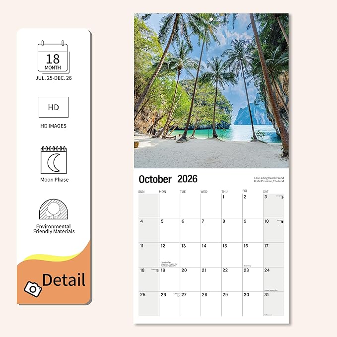 Wall Calendar 2025-2026 Planner Calendar - Tropical Beach Hangable Monthly Wall Calendar with Large Blocks for Organizing & Planning, Academic Schedule, Home, Office & family, Thick & Sturdy Paper (12"x24" Open)