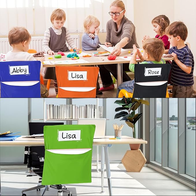 24 PCS Chair Pockets for Classroom 20 x 17 Inch Colorful Large Chairback Storage Pockets for Classroom Students with Name Tag Classroom Organizer for Keeping School Table Organized