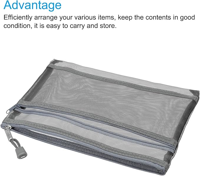 MECCANIXITY Mesh Zipper Bags, A5 Nylon Double Layer Zip File Pouch Storage Organizer Pockets for Travel Office Accessories, Gray Pack of 6