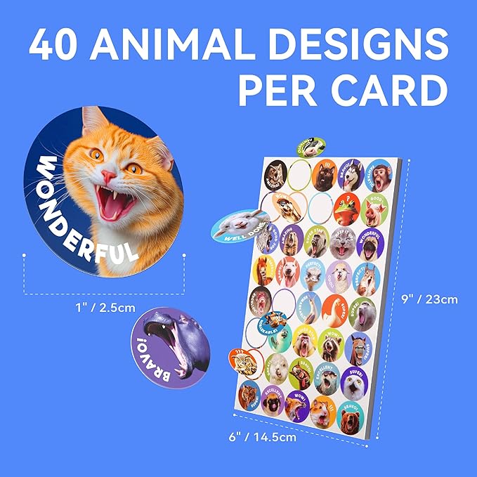 800 PCS Dotimo Funny Animal Stickers for Kids - 40 Designs Waterproof Reward Stickers, Durable Classroom & Homeschool Supplies for Teachers, Positive Reinforcement Chart Decor (20 Sheets)