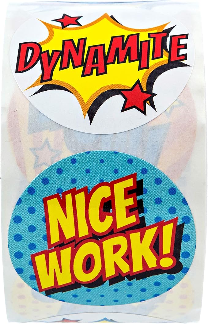 Super Hero Reward Stickers / 500 Labels Roll / 8 Cartoon Comic Designs / 1.5" Classroom Teacher Nice Work Incentive Grading Labels/Made in The USA