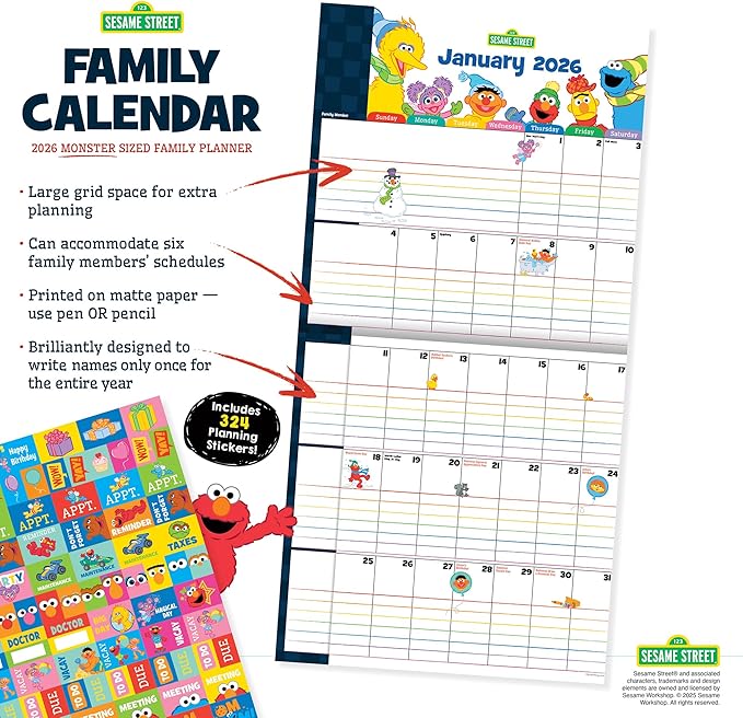 TF Publishing 2026 Sesame Street Wall Calendar - Large Grids for Appointments and Scheduling - Vertical Monthly Wall Calendar 2026 with Premium Matte Paper for Home and Office Organization - 12x12in