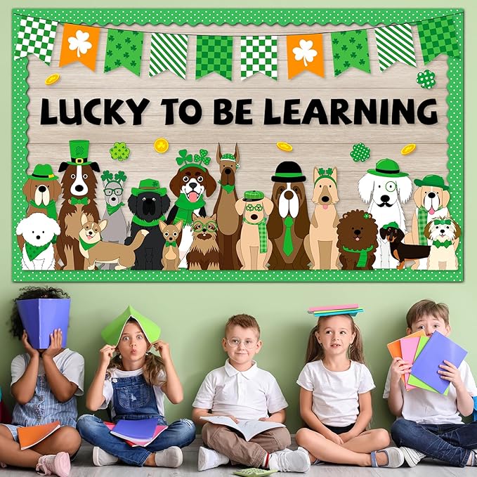 St. Patrick's Day Bulletin Board Set Pet Dog Learning Classroom Decoration Lucky Shamrock Gold Coin Paper Cutouts for St. Patrick's School Chalkboard Wall Decor Party Supplies
