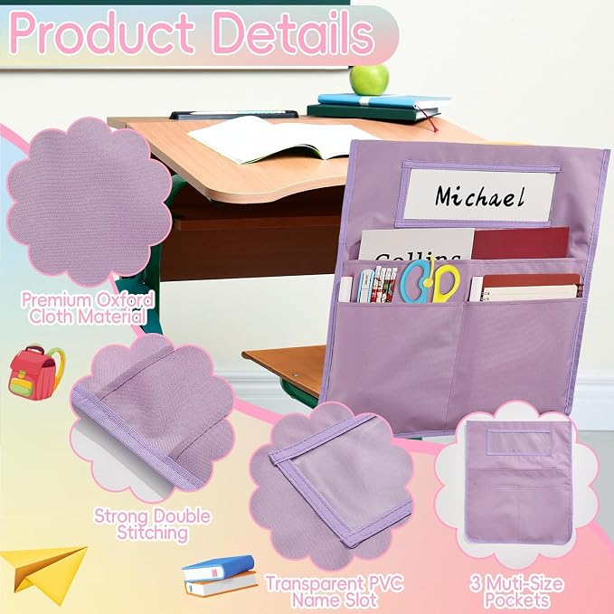 gisgfim 12 Pcs Chair Pockets for Classroom 16.7 x 19.3 Inch s with Name Tag Chairback 3 Pockets Chairs Seat Back Organizer for Elementary School Daycare Home Supply (Pastel)