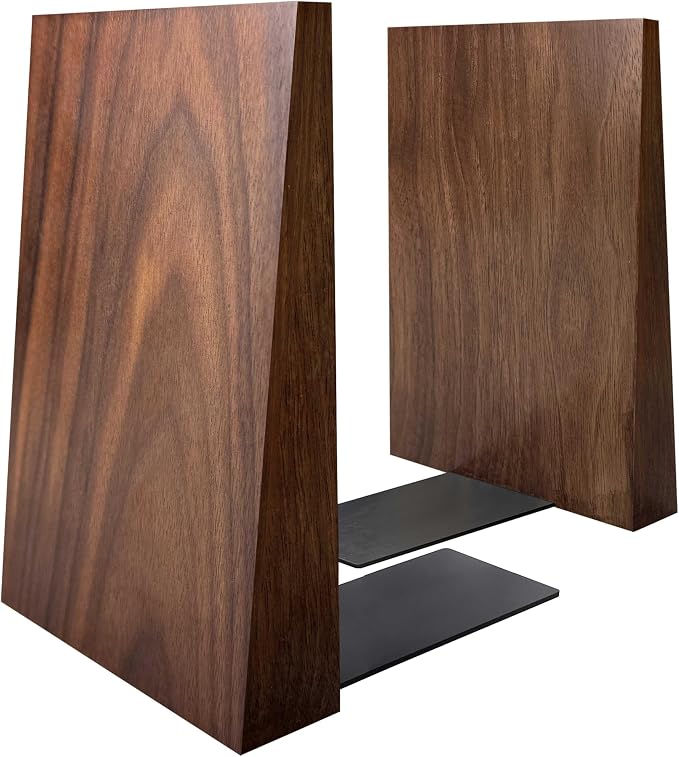 Luxdecor Walnut Book Ends Hold Heavy Books-7x6x5in Wood Bookends for Office Desk Non Skid, Decorative Walnut Bookend 2pack, Triangle Style