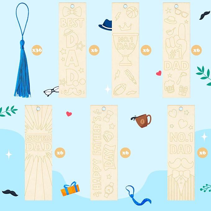Color Your Own Father's Day Bookmarks for Kids- 36Pcs Bulk Happy Father's Day Wooden Blank Bookmarks with Tassels DIY Father's Day Art Craft Gifts from Kids for Holiday Party Goodie Fillers