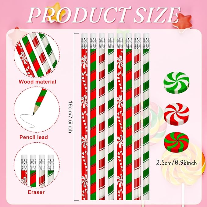 Cinrobiye 100 Pieces Christmas Pencils and Candy Cane Eraser Bulk,Xmas Stationery Pencil Christmas Eraser for Holiday School Party Favors Stocking Stuffers Classrooms Student Rewards Teacher Supplies