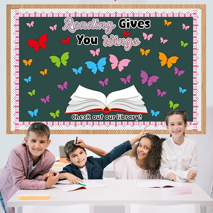 Reading Bulletin Board Set Reading Gives Your Imagination Wings Classroom Decoration Motivational Colorful Butterfly Paper Cutouts for Back to School Nursery Library Door Wall Decor Supplies