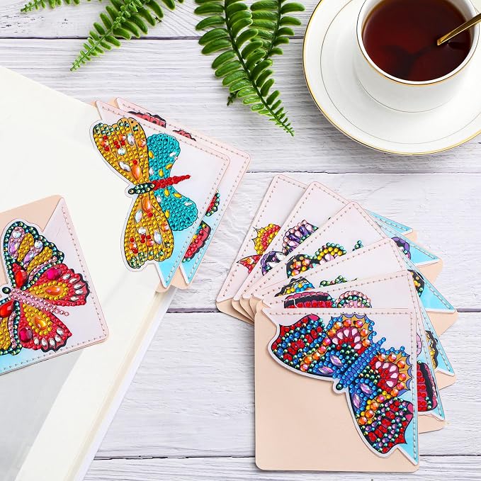 Ireer 12 Pcs 5D Diamond Painting Corner Bookmark Rhinestone PU Leather Diamond Painting Bookmark Triangle Art Bookmarks for Home Office Beginner Adults Birthday Mother Gift(Butterfly Style)