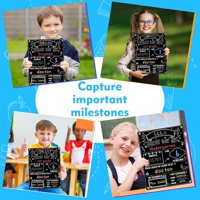 First Day of School Sign Board with 6 Colorful Liquid Chalk Markers - 11"x14" Double-Sided & Reusable - First and Last Day of Kindergarten Preschool Sign - Back to School Signs Supplies