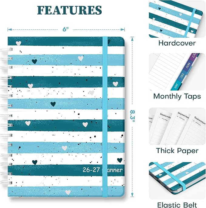 Planner 2026-2027 Monthly and Weekly Academic Planner July 2026 - June 2027, Hardcover Calendar 2026-2027 Agenda Daily Planner for Student Teacher School Office Supplies, 6" x 8.3", Blue Stripe