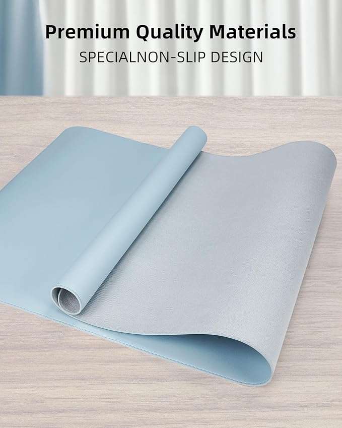 AFIING Desk Pad Protector 23.6" x 13.7" - Non-Slip Waterproof PU Leather Desk Mat for Mouse, Keyboard, Laptop, Office and Home Workspace (Light Blue)
