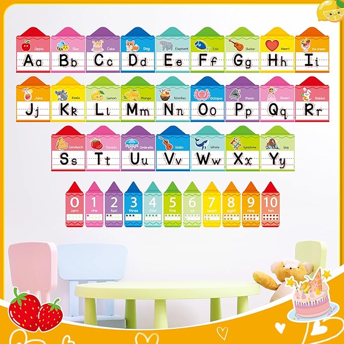 Crayon Alphabet Number for Classroom Wall Colorful Crayon Bulletin Board Manuscript Educational Cards ABC Letters Numbers Shapes Colors Poster for Preschool Elementary Early Learning Decor