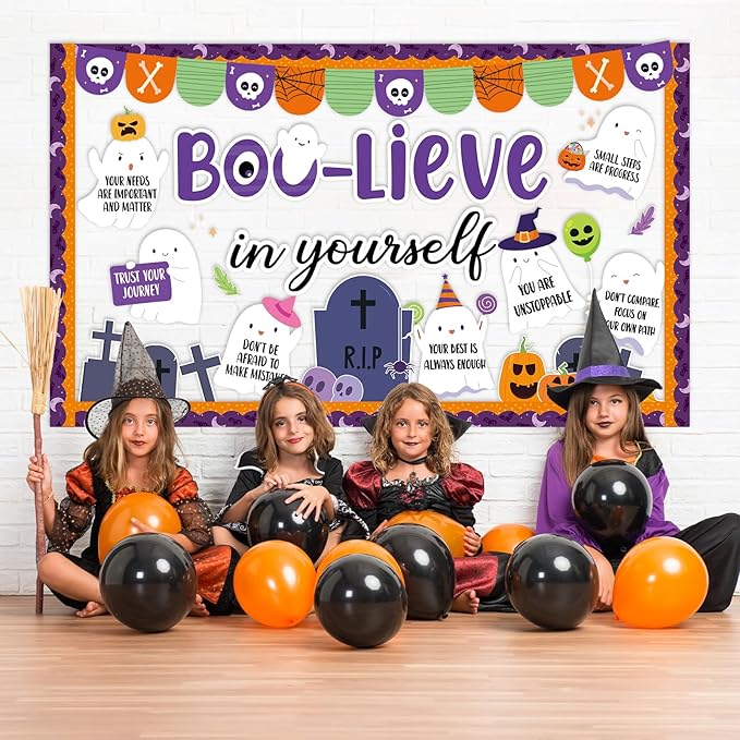 Halloween Ghost Bulletin Board Set Boo-Lieve in Yourself Affirmation Station Bulletin Board Classroom Decorations Cute Ghost Pumpkin Paper Cutouts for Halloween Party School Classroom Home Wall Decor