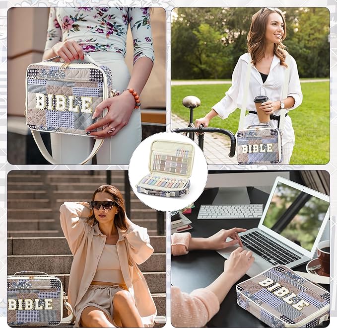 Sinload Quilted Bible Cover Case for Women 12 x 9 x 2.5 Inch Bible Chenille Letter Bag with Shoulder Strap Carrying Tabs 6 Colored Pens 12 Highlighters Christian Church Study Gifts(Dark,Splicing)