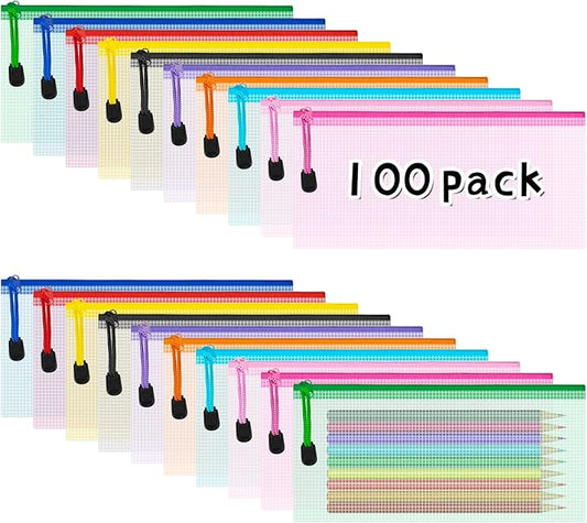 IKAYAS 100Pack Clear Pencil Pouch Mesh pencil pouch with zipper, Pencil Pouch Bulk mesh bags with zipper Document Bag File Folders in 10 Colors for Organizing, School and Office Supplies