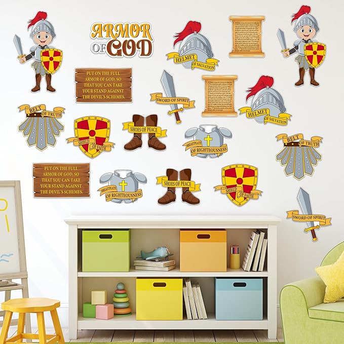 50 Pcs Armor of God Cutouts for Kids Books of The Bible Religious VBS Bulletin Board for Sunday School Religious Classroom Decorations Medieval Children Wall Home Bible Crafts Art Kit