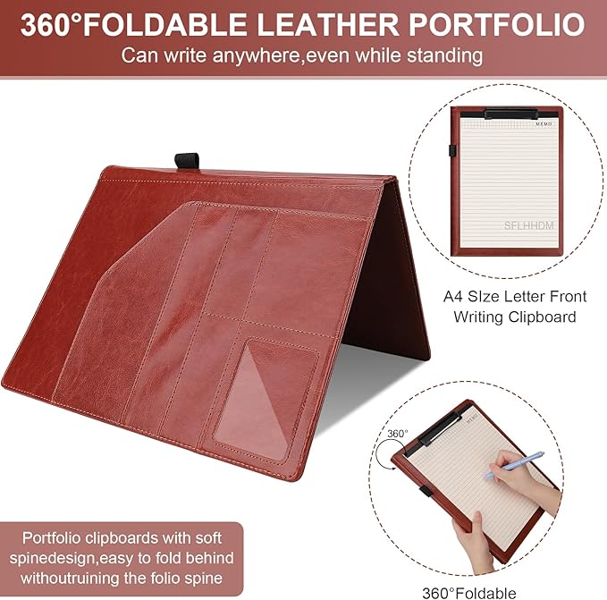 Clipboard Padfolio with Storage Pocket, Clipboard Folder Portfolio Organizer,360 Degree Foldable Clipboards with Refillable Notepad,Faux Leather Padfolio Organizer for Office School Supplies-Red Brown
