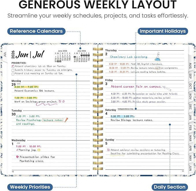 Planner 2026–2027, Weekly & Monthly Academic Organizer for School Year, Jul 2026–Jun 2027, Hardcover Planner with Tabs, Back to School Essential, 6.3" x 8.5", Porcelain Bloom