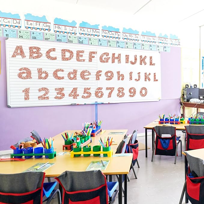 Colarr 216 Pcs Glitter Bulletin Board Letters for Classroom Number Alphabet Punctuation Symbol Cutout 4'' Die-Cut Poster Letter with Adhesive Dot School Party Holiday Decor Display(Rose Gold)