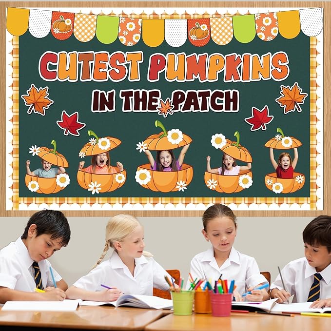 Thanksgiving Pumpkin Bulletin Board Fall Pumpkin Classroom Decorations Autumn Flower DIY Photo Crafts Cutout Pumpkins in The Patch Classroom Decor for Thanksgiving School Office Chalkboard