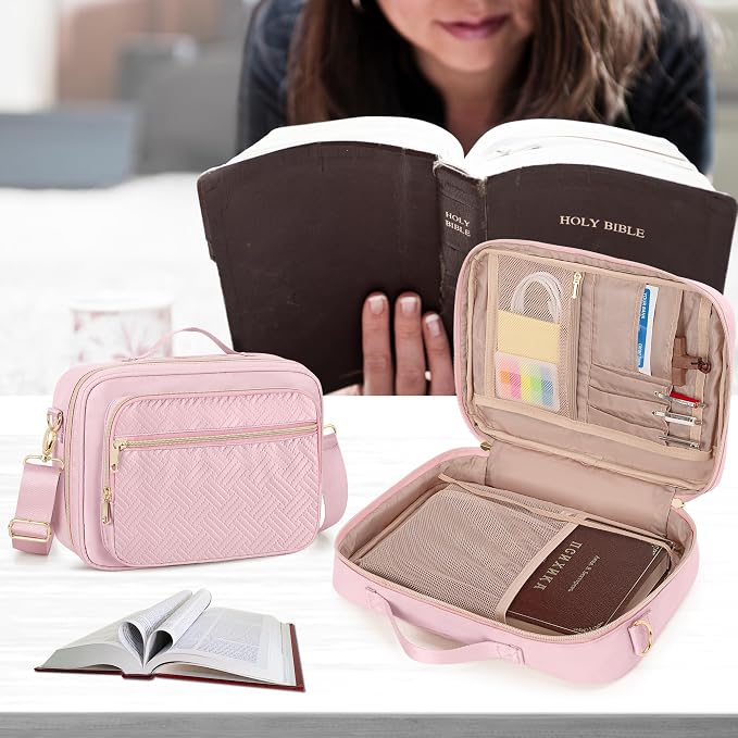 Bible Cover Case for Women, Large Bible Church Bag with Strap, Bible Carrying Case Book Protector with Handle, Pink(Empty Bag Only)