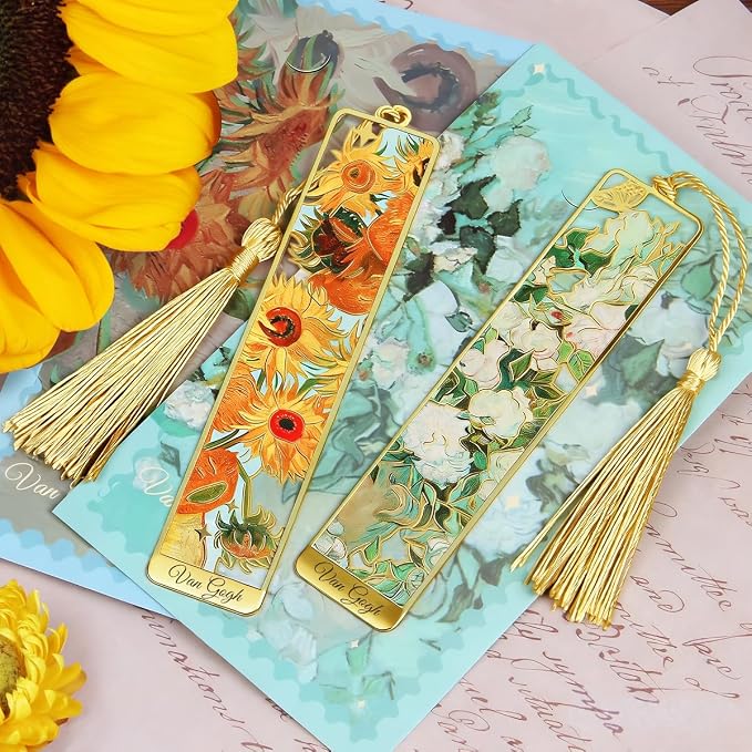 Kinsound Metal Bookmarks with Tassel, Golden Van Gogh Monet Oil Painting Theme Cute Hollow Book Markers for Reading Women, Teachers, Students, Reading Accessories Gifts for Book Lovers (Style A(6PCS))