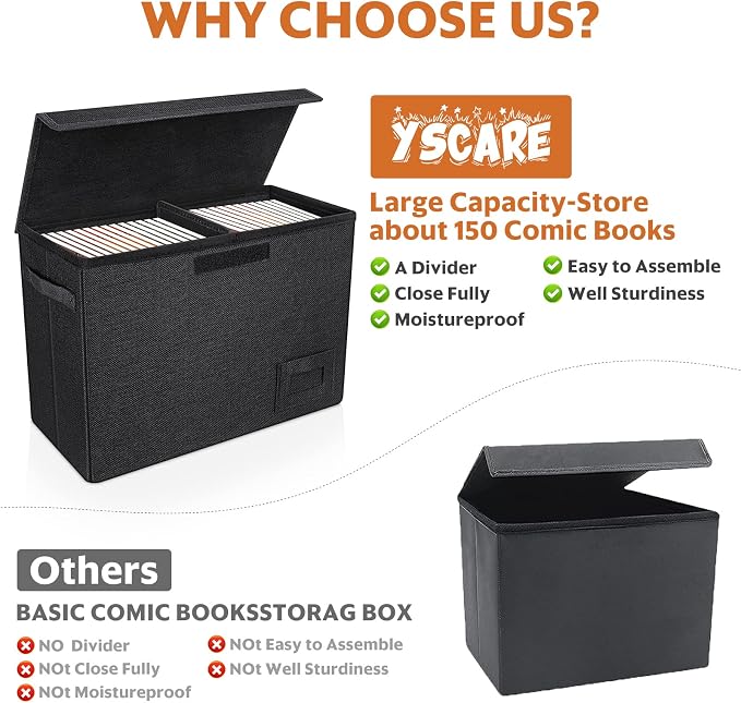 YSCare 4-Pack Comic Book Storage, Collapsible Comic Book Case with Dividers and Carrying Handles, Comics Short Box Holds 150 Comics, 15.5" X 7.5" X 11.3" Heavy-Duty Stackable Case