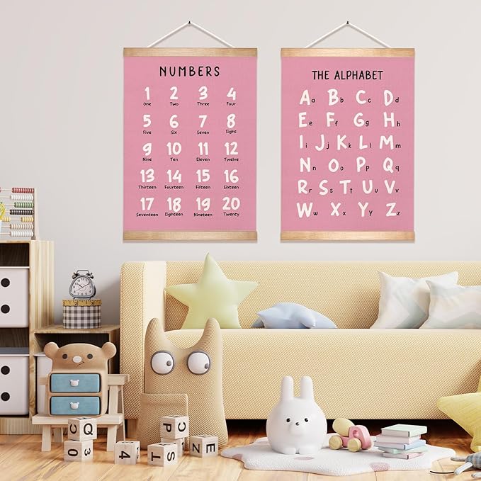 Alphabet and Numbers Educational Chart Set of 2 for Classroom Decor,Colorful Educational Poster for Toddlers 1-3,Toddler Learning Poster for Ages 3-5 for Nursery Playroom,Classroom Must Haves 14x18.5Inch(Pink)