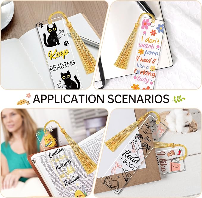 AFRITEE Blank Acrylic Bookmark Stickers - 24 Pcs Funny Theme Black Cat UV DTF Bookmark Sticker Gifts for Women Book Lovers, Cute Duck Bow Double-Sided Sticker DIY Blank Placeholder Creative Decoration